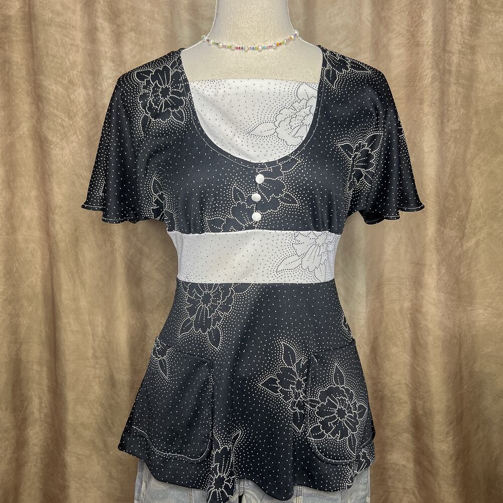 Vintage 60s Alive Tops Floral Smock Top Empire Waist Black White Retro Mod Gogo
